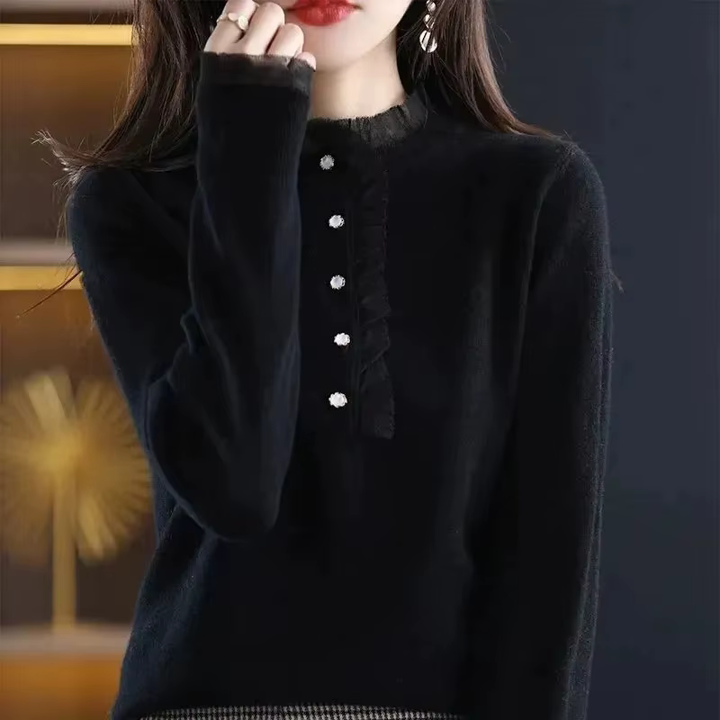 Pull en dentelle à manches longues pour femmes, pull décontracté, vêtements côtelés, automne, hiver,