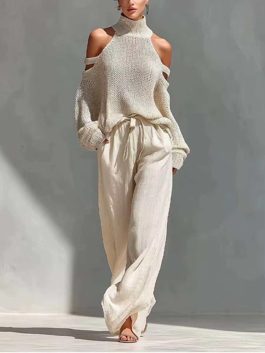 Ensemble deux pièces bohème pour femme : pull tricoté à col roulé évidé et épaules dénudées, et pant