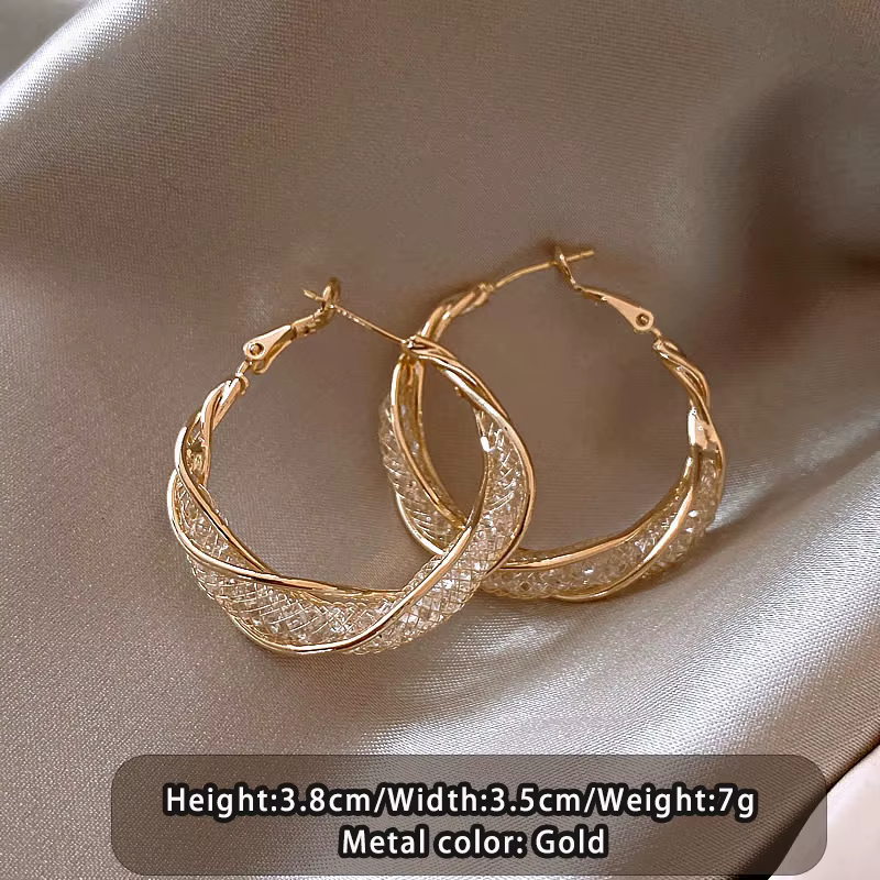 Boucles d'oreilles créoles irrégulières en maille métallique incrustées de cristaux artificiels, acc