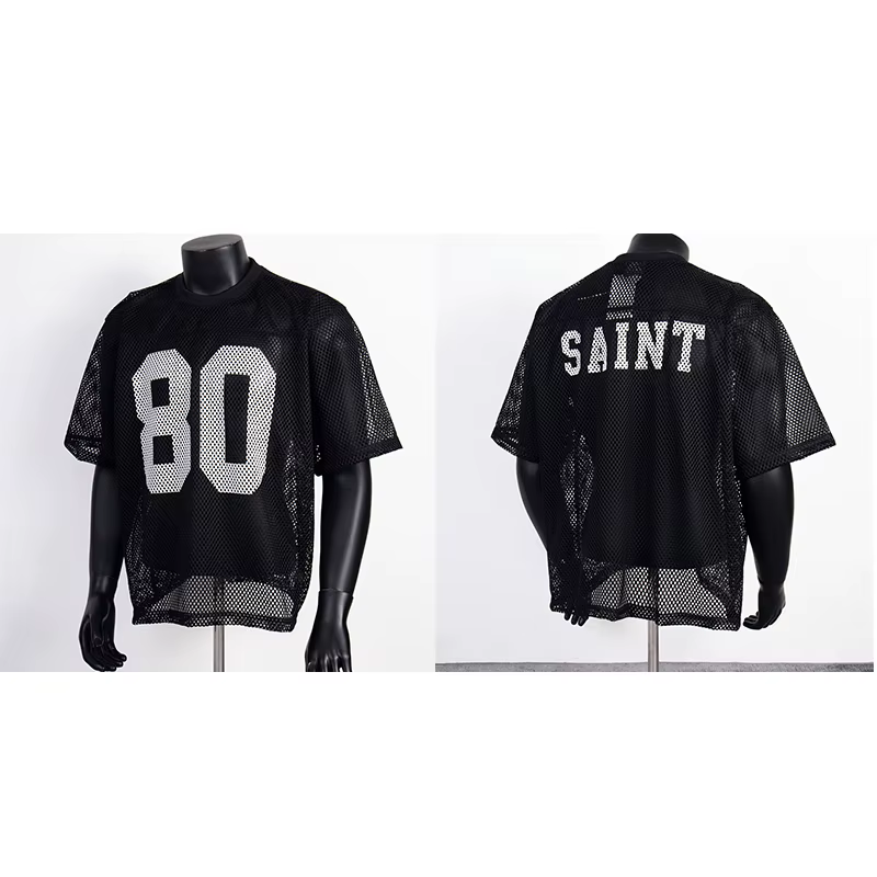T-shirt en maille ajourée Saint Hollowed-out pour homme, imprimé lettre n°80, respirant, décontracté