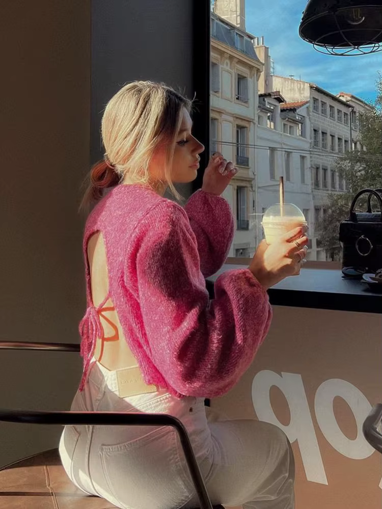 Pull Vintage à Manches sulfet Col Rond pour Femme, Vêtement Chic de Couleur Unie, à la Mode, 2023