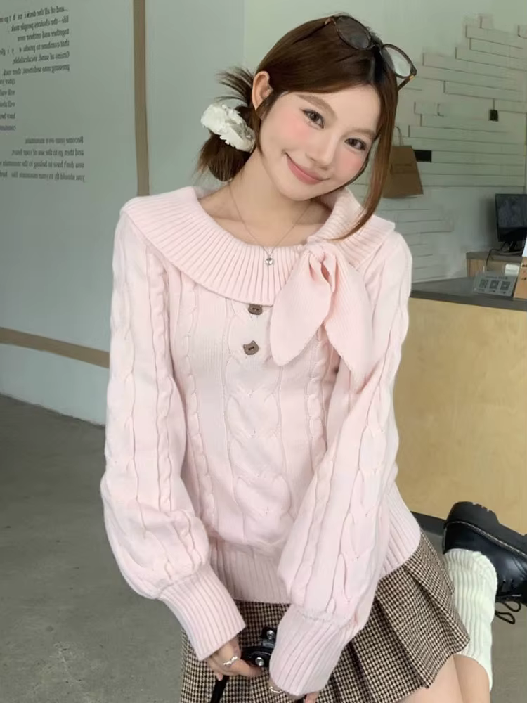 Femmes doux rose pull décontracté à manches longues mignon arc Vintage tricoté pull nouveau mince co