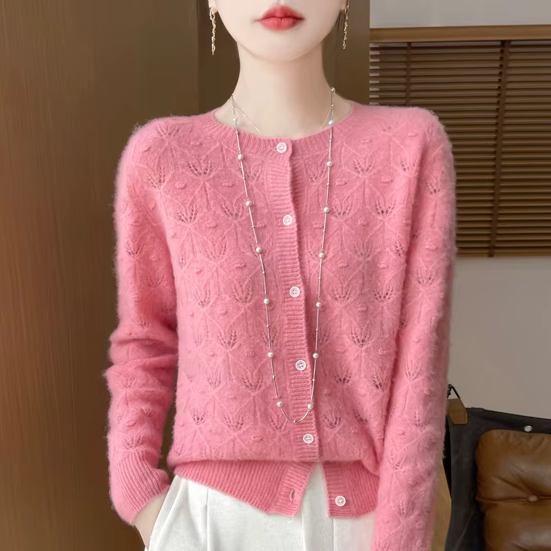 Cardigan en laine Pure mérinos pour femme, manches longues, couleur unie, Jacquard ajouré, ample, ch