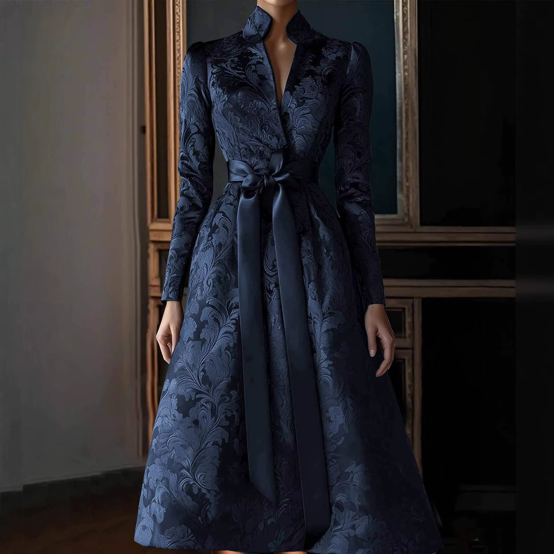 Robe longue élégante pour femme, imprimée, col montant, manches longues, plissée, cintrée, pour soir