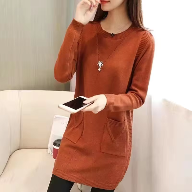 Femmes pull pull nouveau automne hiver à manches longues chaud pull col rond solide grande taille mi