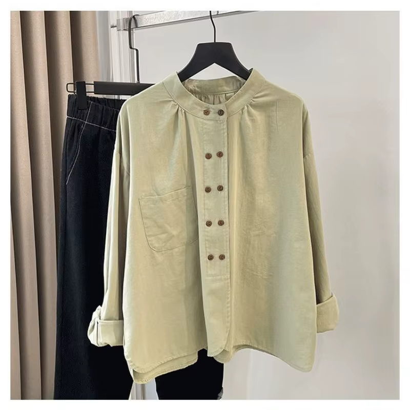 Chemise japonaise à manches longues et col montant, rétro, couleur unie, haut ample et décontracté,