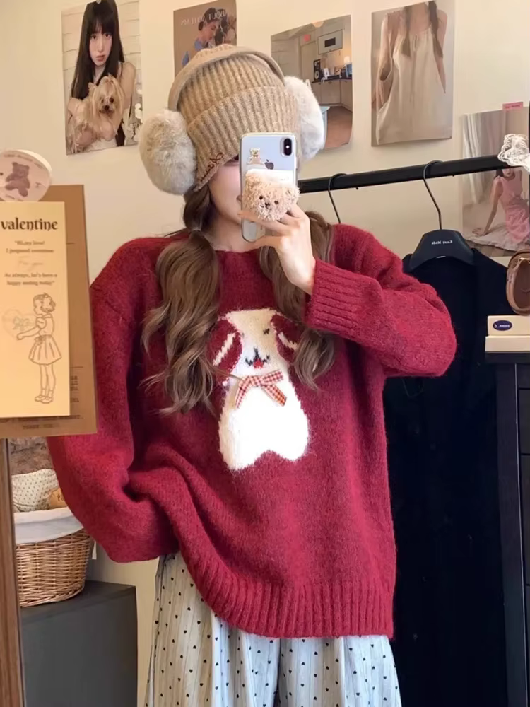 Noël rouge mignon dessin animé pull femmes Vintage col rond doux arc tricoté pull décontracté paress