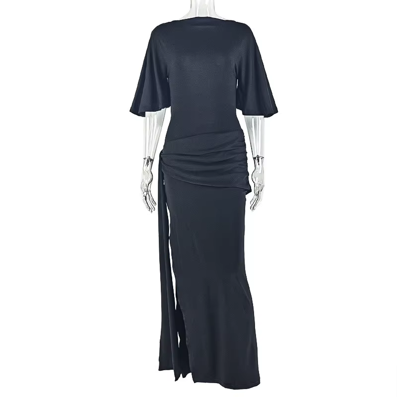 Robe longue plissée à manches courtes et dos nu pour femmes, col Slash, hanches fendues enveloppées,