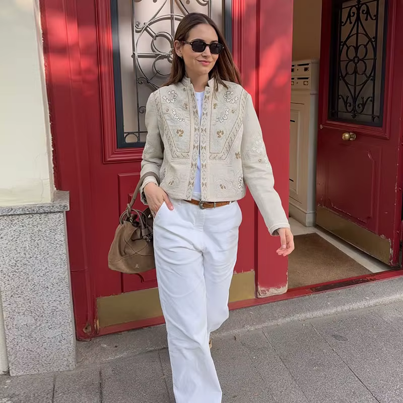 Manteau court élégant pour femme à imprimé urbain, col montant, manches longues, boutonné, style str