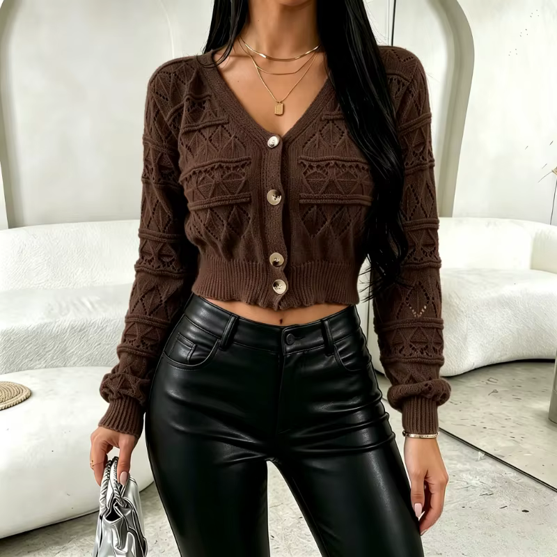 Cardigan en maille marron à col en V ajouré pour femme, à manches longues, boutonné, extensible, cou
