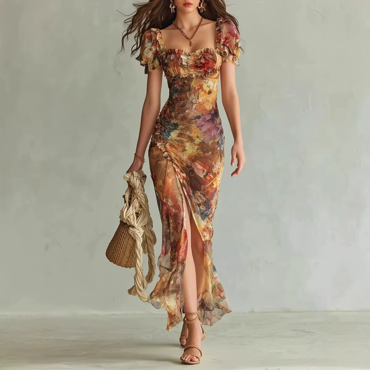 Robe d'été pour femme à col carré, imprimé bohème tendance, taille fendue, dentelle, manches courtes