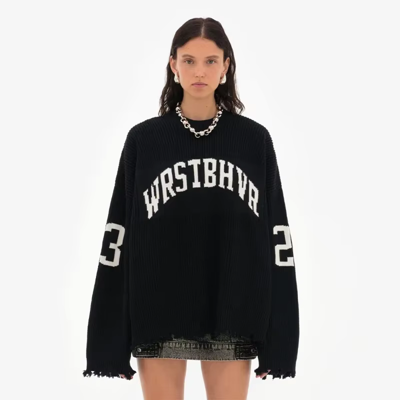 Pull tricoté Jacquard avec lettres amples pour femme, pull doux, gris, noir, tendance, polyvalent, n