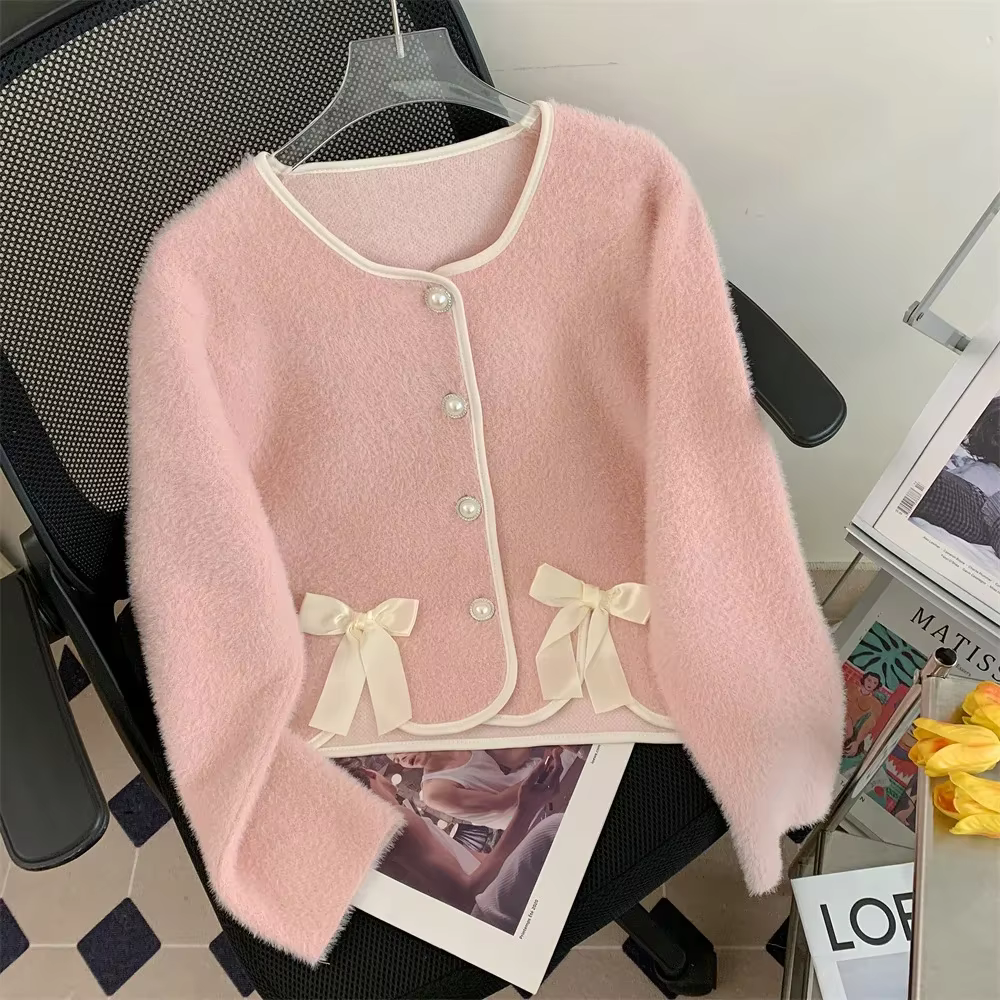 Cardigan à manches longues en vison pour femme, manteau pull élégant, pull coréen doux avec nœud, au