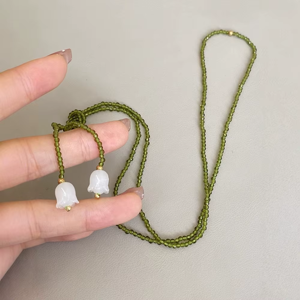 Collier de perles Vintage de muguet, chaînes de pull vert perle, collier en cristal, ras du cou, cad