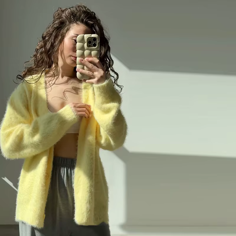 Cardigan Imitation vison pour femmes, vestes tricotées épaisses, jaune, surdimensionné, manteau en v