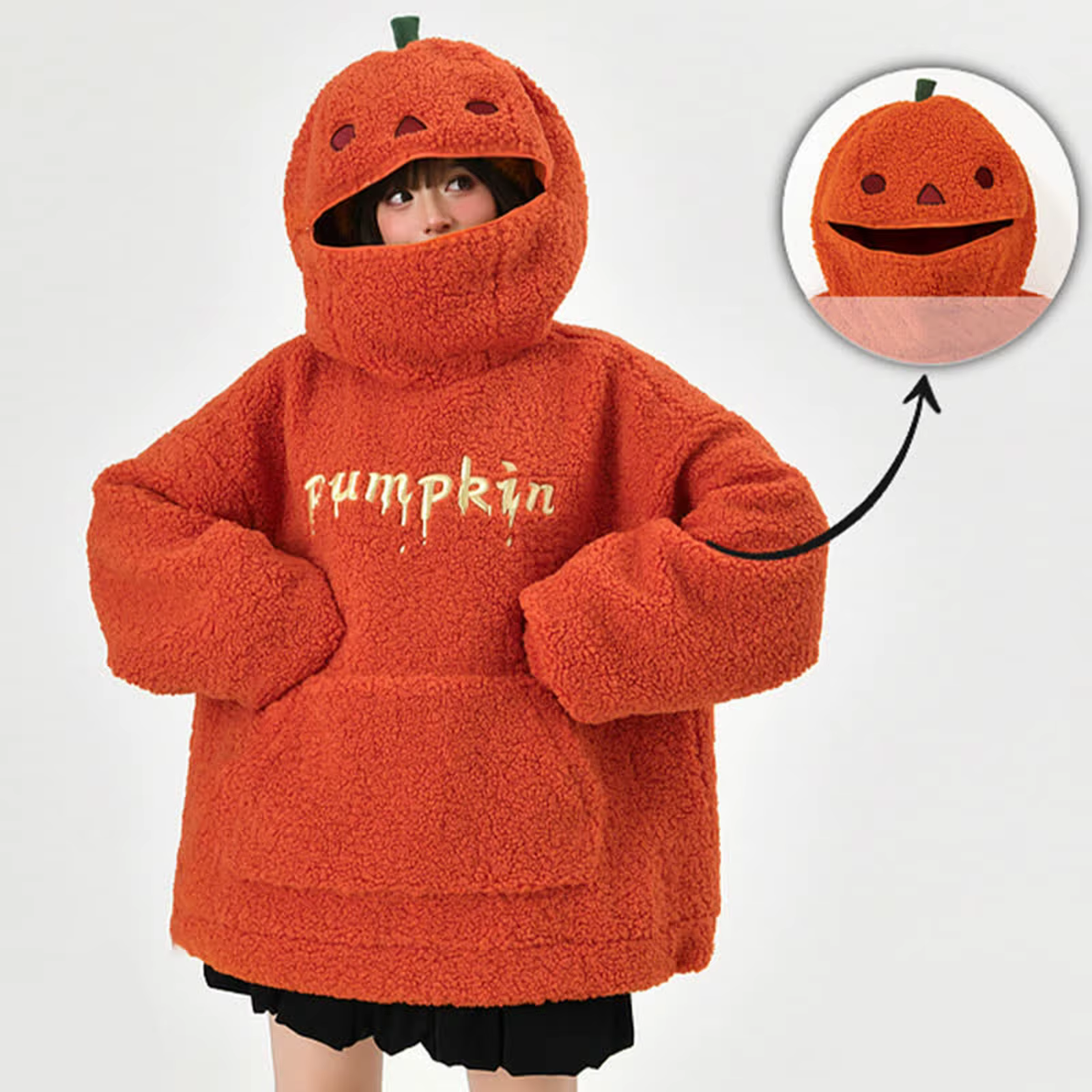 Sweat à capuche en forme de citrouille d'halloween pour femmes, col rond, polaire Double face, migno