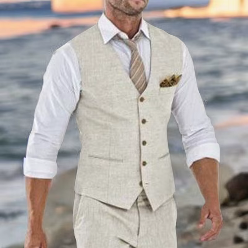 Gilet de costume en lin Beige pour hommes, gilet une pièce de plage d'été de mariage, col en V, coût
