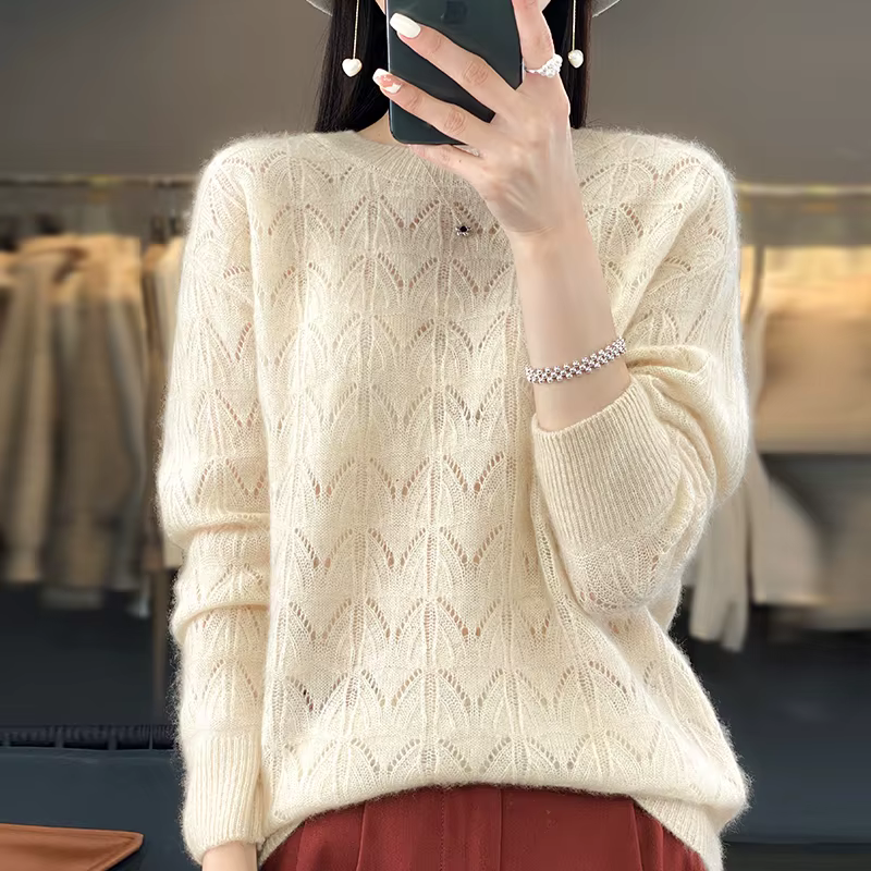 BELIARST vêtements pour femmes pull printemps et automne nouveau tricoté haut creux 100% laine mérin