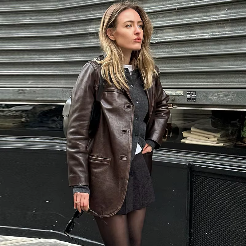 Veste en cuir PU marron vintage pour femme, revers, poche boutonné, tempérament de trajet, manteau d