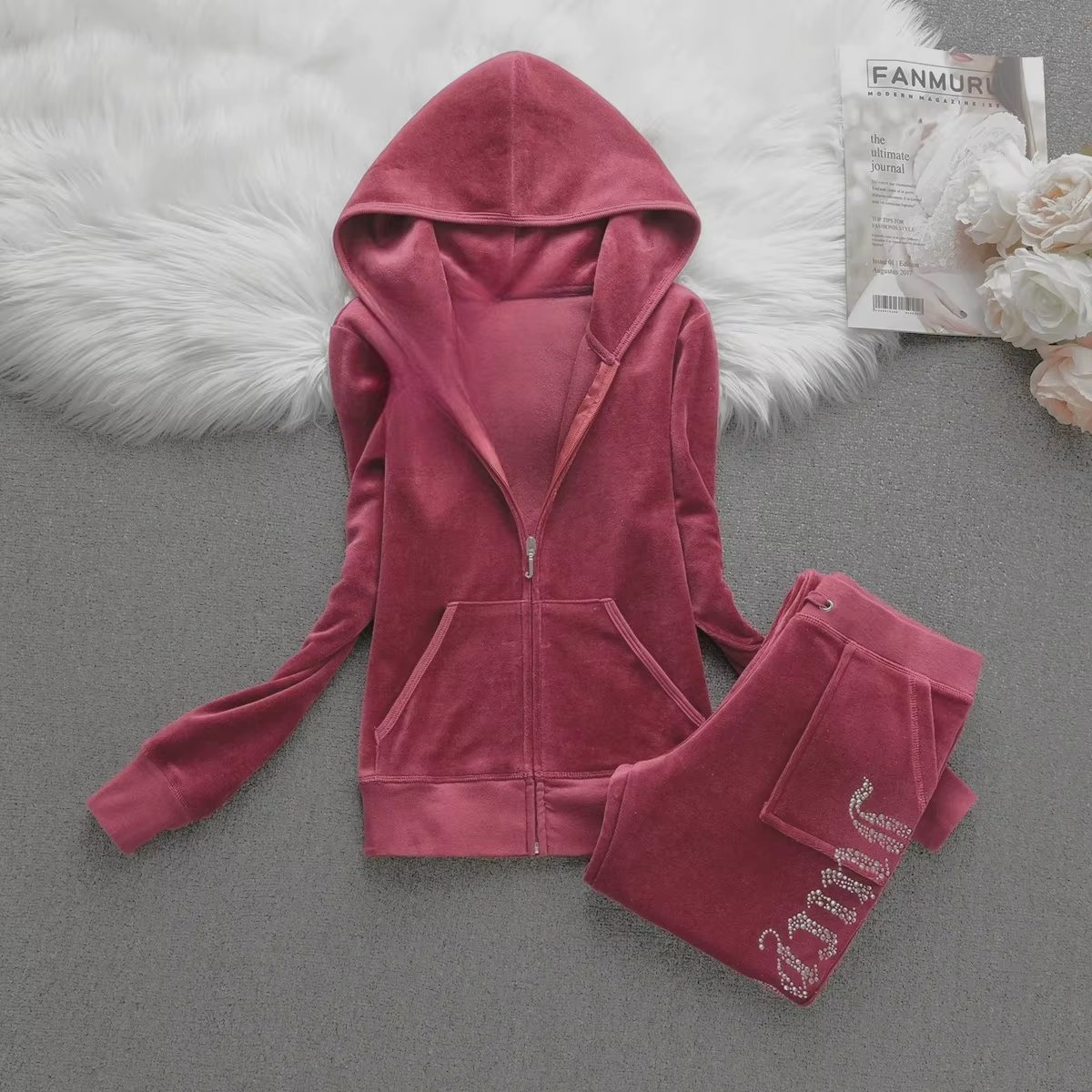 Survêtement d'hiver en velours pour femme, survêtement juteux, ensemble sweat à capuche et pantalon