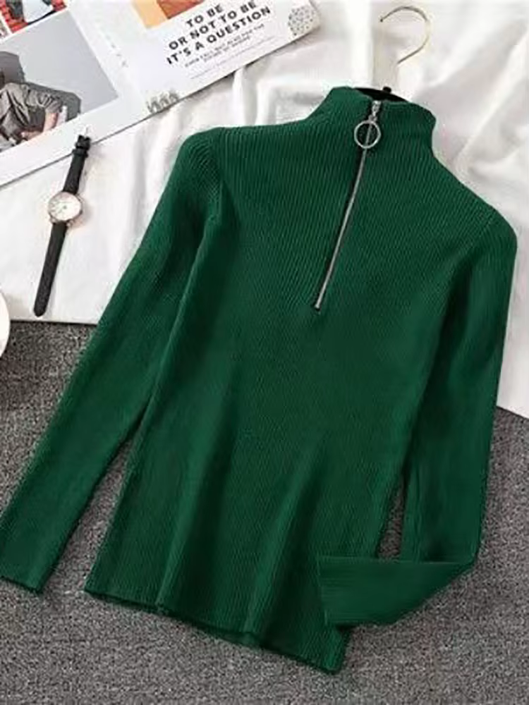 Femmes mode solide tricoté chandails Vintage à manches longues fermeture éclair basique demi col rou
