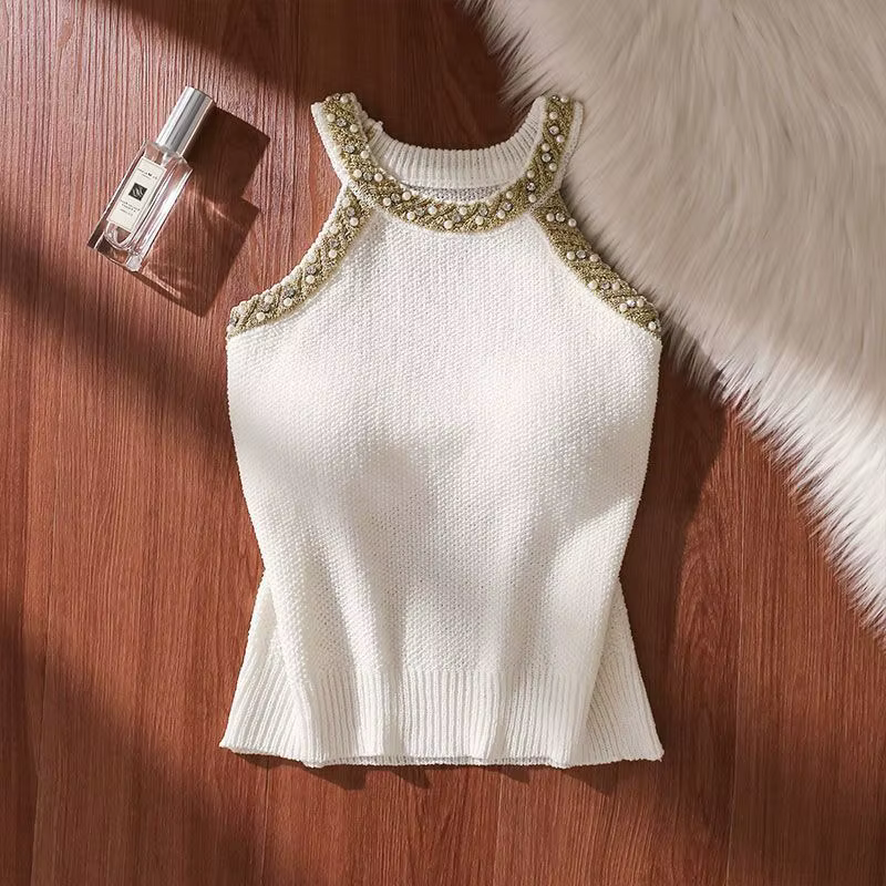 Femmes été Crochet sans manches pull gilet col rond perle or mode coréenne tricot débardeurs décontr