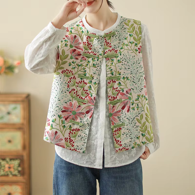 Gilet ample brodé floral, style artistique grande taille, dos nu, pour superposition, confortable, d