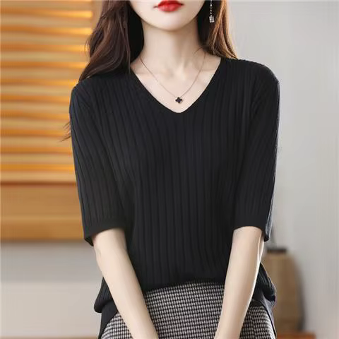 Pull tricoté en cachemire à manches courtes et col en v pour femme, pull de couleur unie, nouvelle c