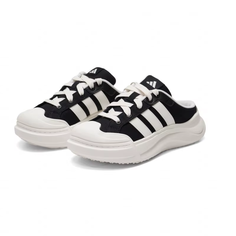Adidas Black White Slip On Mule Platform Shoes Canvas Three Stripe Backless Chunky Casual Sneakers F