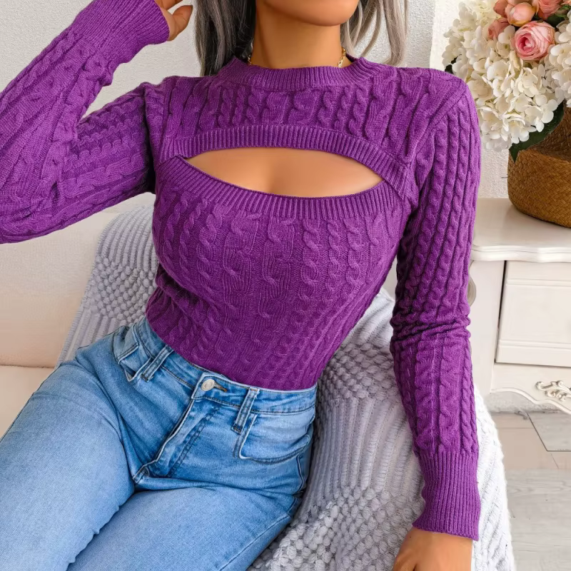 Mode Sexy évider pull femmes automne hiver décontracté à manches longues col rond pull chandails con