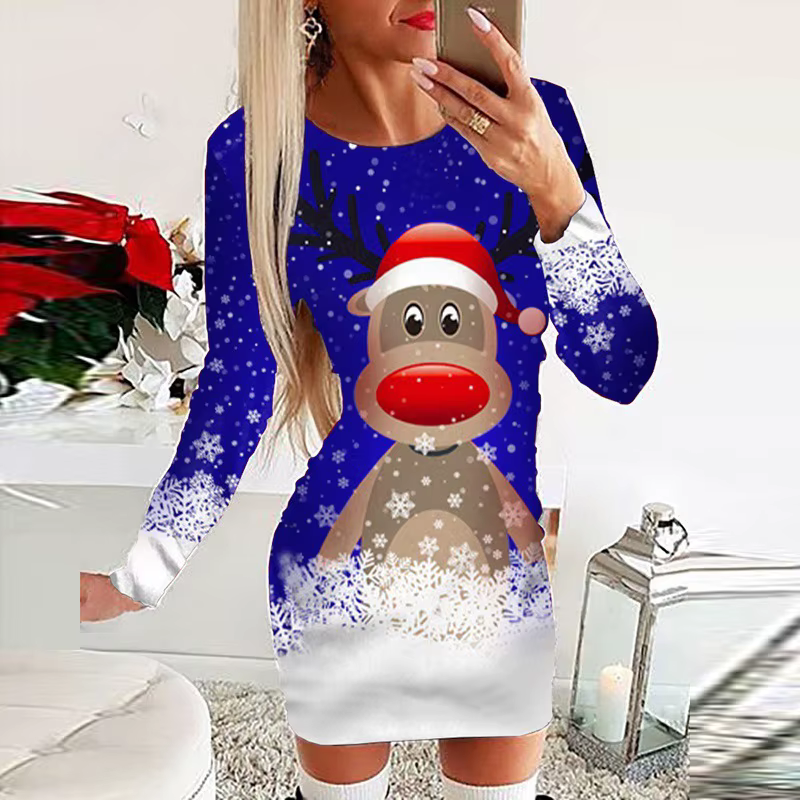 Mini robe de Noël à manches longues pour femmes, col rond, imprimé wapiti, tambour décontracté, roug