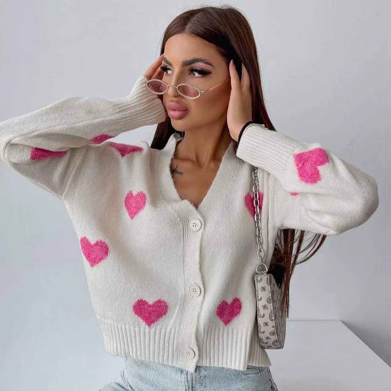 Cardigan à manches longues en forme de cœur brodé pour femmes, veste pull ample et décontractée en t