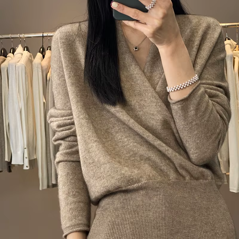 Pull en cachemire à col croisé pour femme, 100% laine douce, chaud, paresseux, confortable, de haute