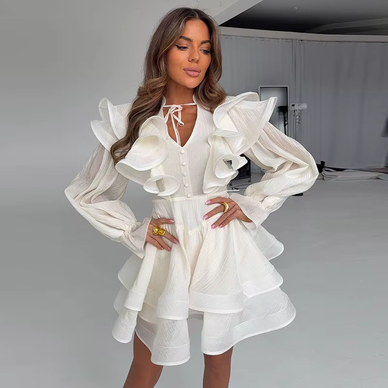 Robe Courte Femme à Volants Col V avec Nœud à la Taille Manches Bouffantes Ourlet Superposé à Volant