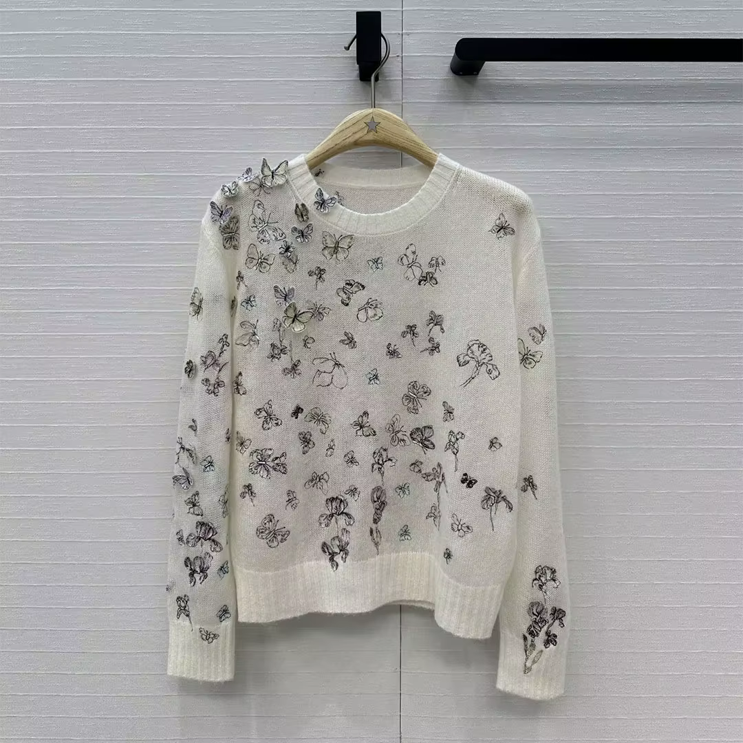 Nouveau printemps mode 3D broderie papillon doux mince pull femmes col rond à manches longues laine