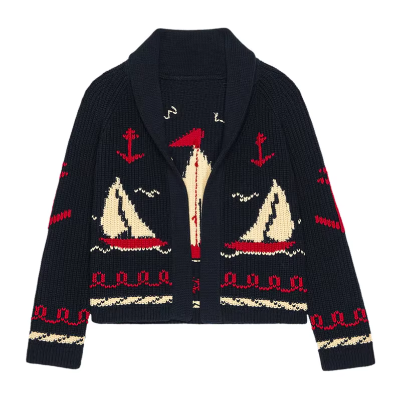 Mode tricoté voilier Jacquard pull pour femmes 2025 printemps nouveau col rabattu Cardigan pull femm