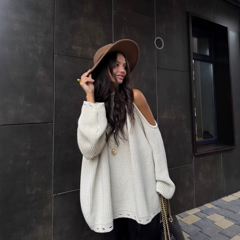 Pull à épaules dénudées de couleur unie, vêtements pour femmes, confortable, ample, col rond, manche