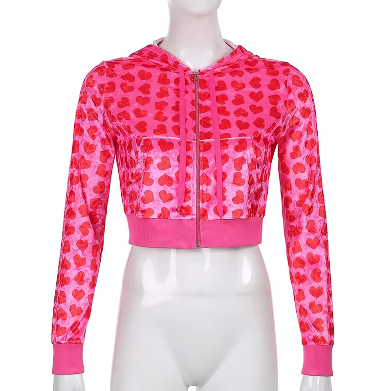 Femmes velours coeur imprimé survêtements fermeture éclair manches longues recadrée vestes à capuche