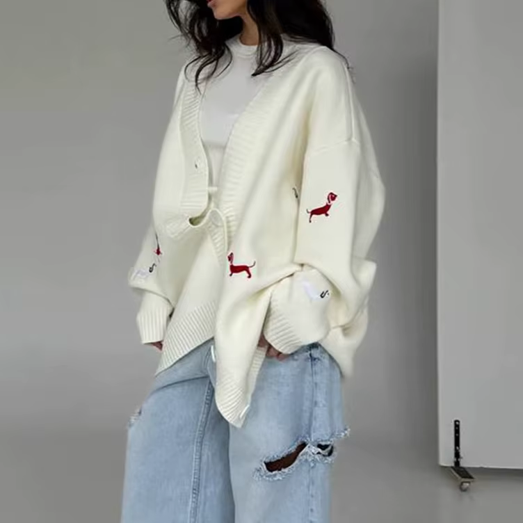 Teckel brodé pull Cardigan ample col en v à manches longues veste à la mode nouveaux vêtements pour