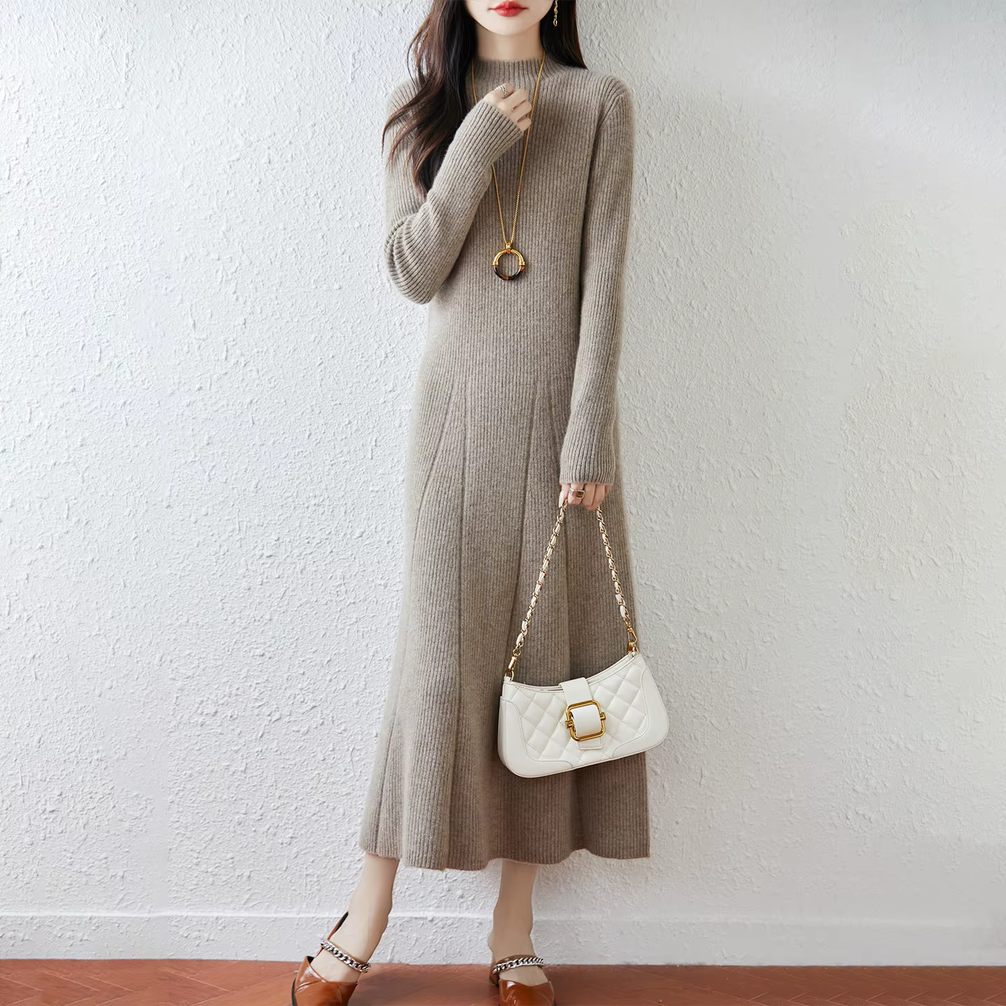 Nouvelle robe à col rond pour femmes avec pull 100% laine mérinos automne et hiver pull Long tricoté