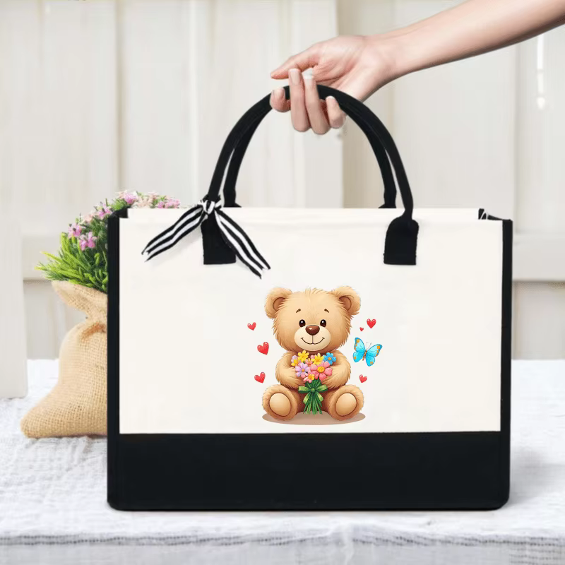 Adorable sac à main en forme d'ours en peluche crème et noir avec imprimé ours floral et cœur, parfa