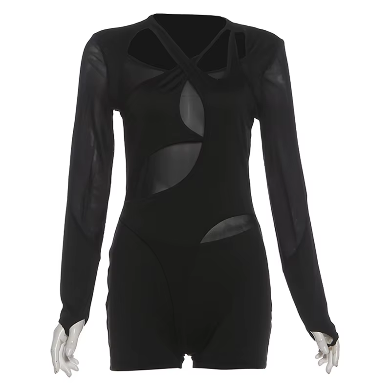 2025 automne et hiver nouvelle mode femme couleur unie Sexy maille Perspective creux Slim Fit combin