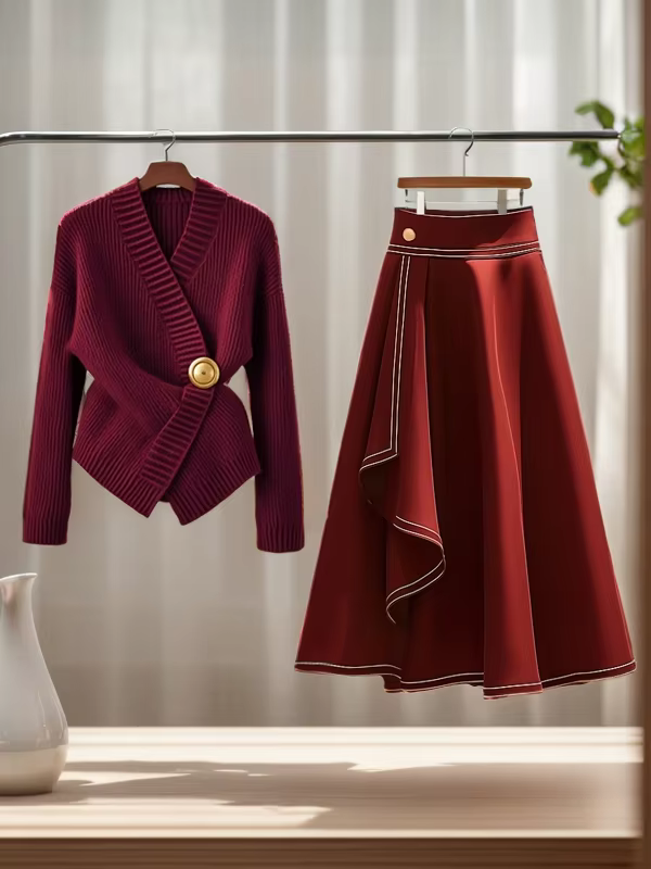 Pull tricoté rouge pour femmes, vêtements d'automne/hiver, nouvelle jupe longue légère de luxe, ense