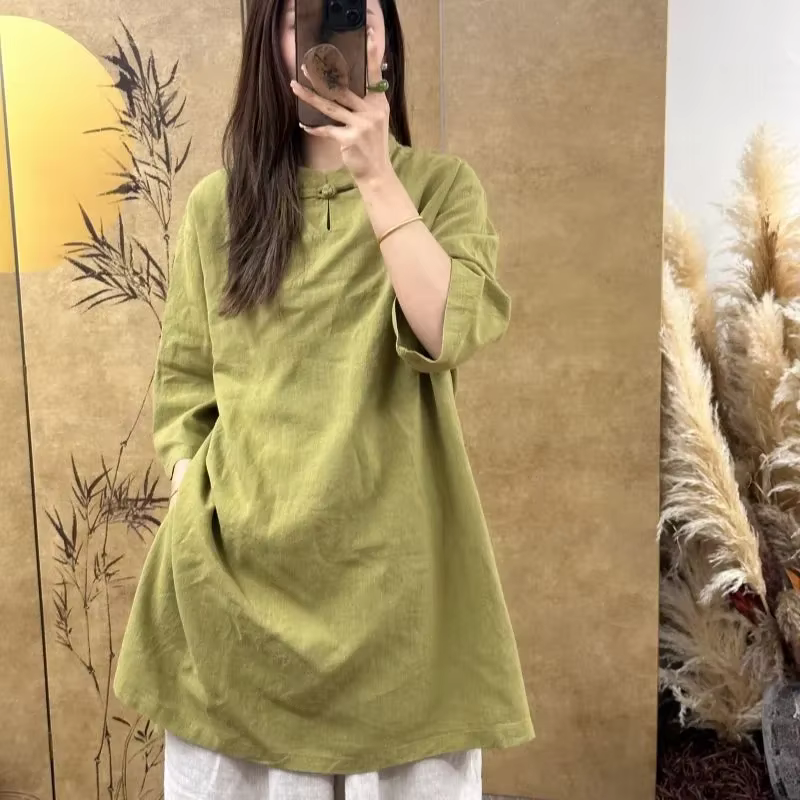 Tunique décontractée en lin rouge pour femme avec col mandarin, boutons grenouillère et fente latéra
