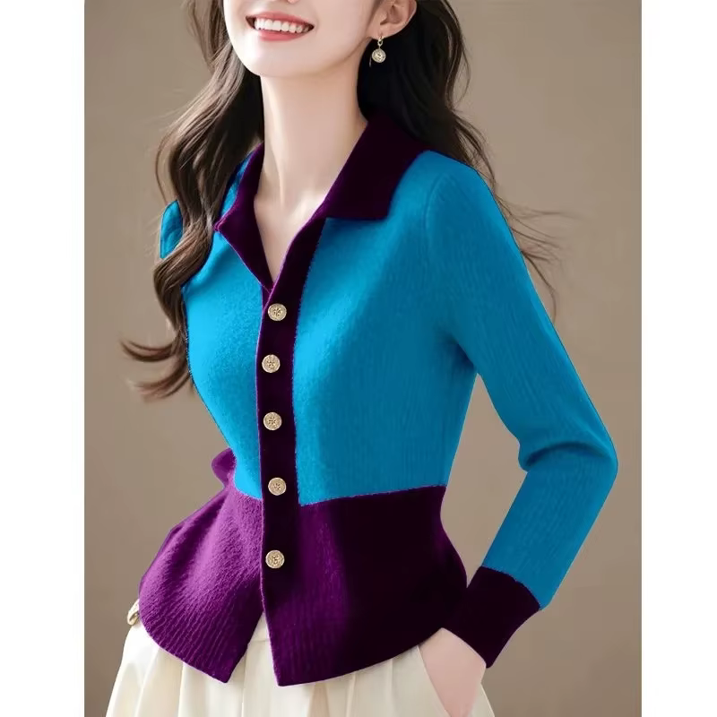 Femmes pull tricoté 2026 nouveau printemps automne mode col Polo couleur bloc tricots Cardigan mante
