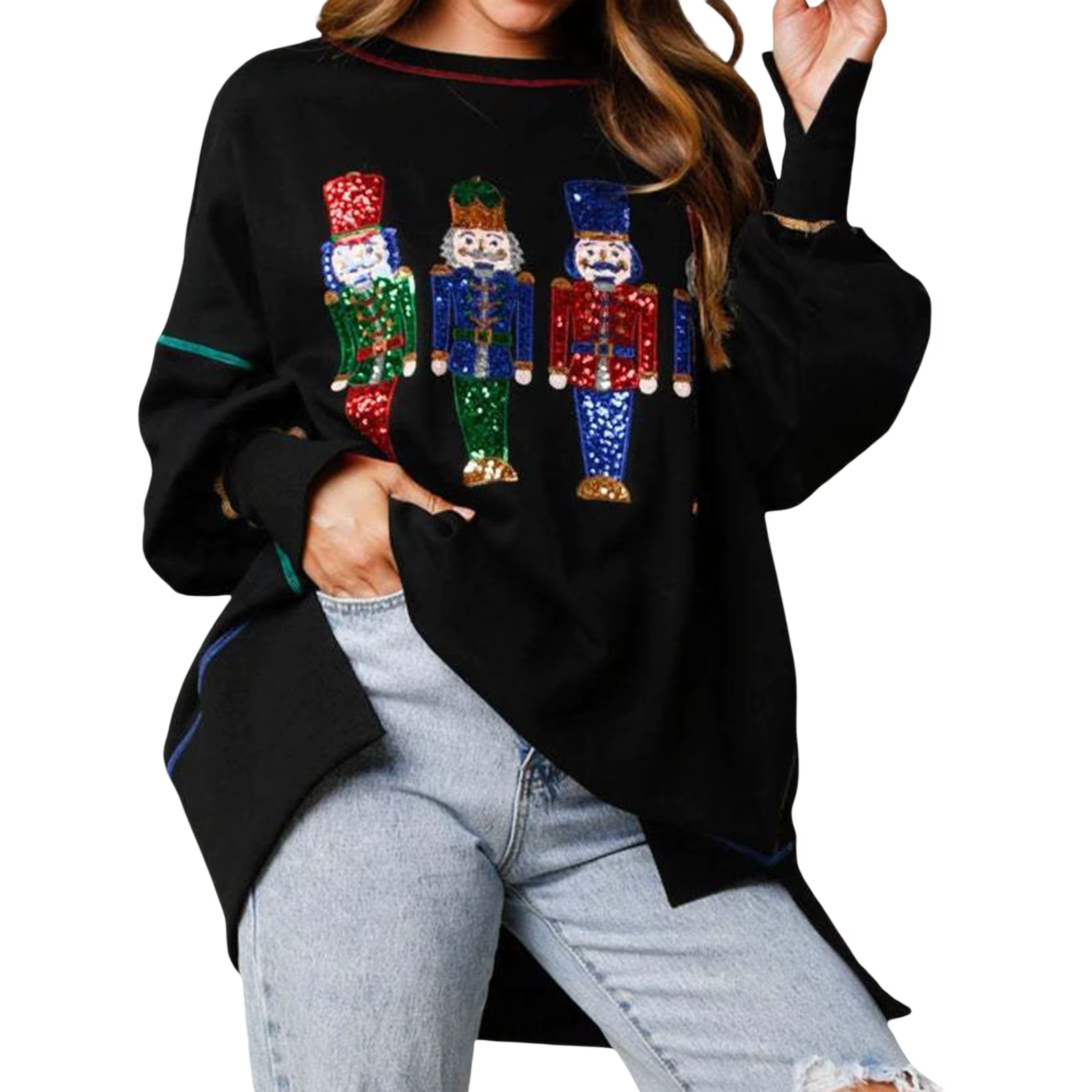 Sweat-Shirt à Manches sulfet Col Ras du Cou pour Femme, Pull Décontracté à Paillettes, Dessin Animé,