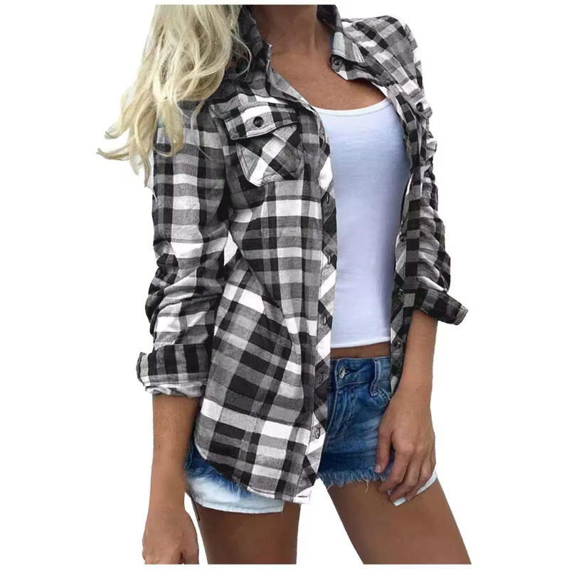 Chemise à carreaux à manches longues pour femmes, nouveau Style, Double poche, motif rayé, mélange d