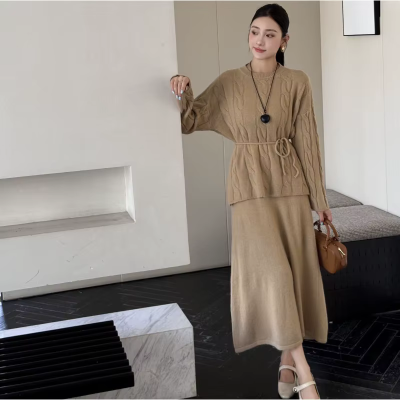 Ensemble tricoté filaire à col rond pour femme, nouveau Style automne/hiver 2025, pull à nouer sur l