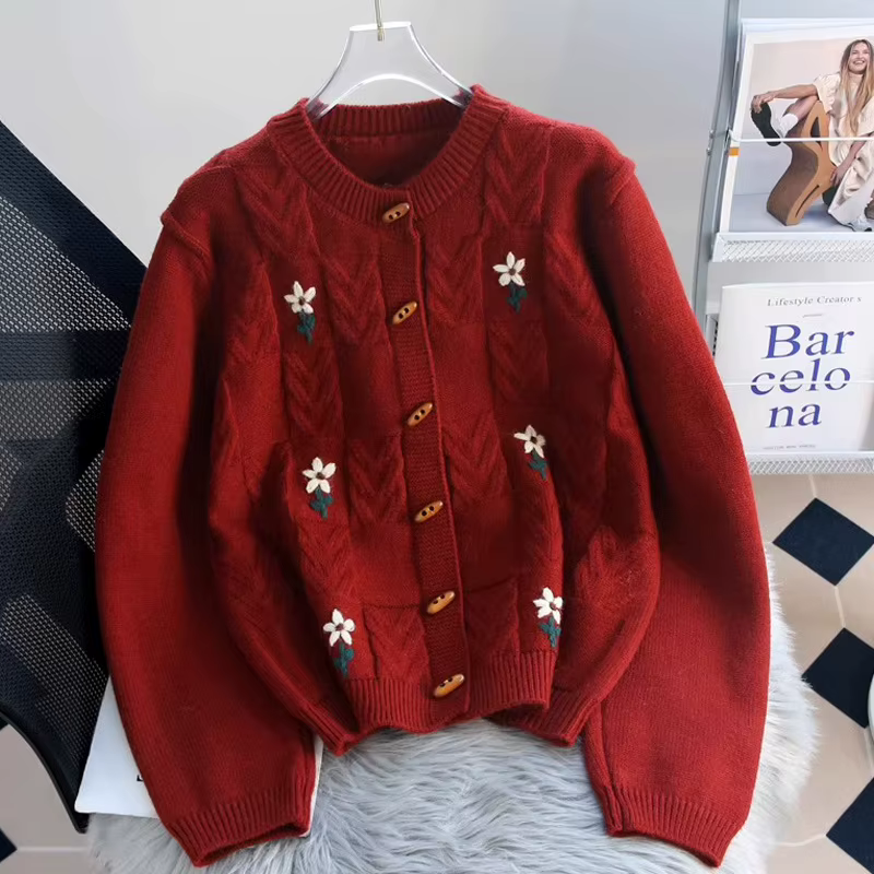 Veste pull torsadée brodée rétro pour femmes, nouveau Cardigan tricoté ample et épais, automne 2025