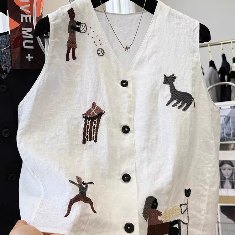 Gilet sans manches en lin brodé motif dessin animé vintage pour femme, col en V, simple boutonnage, 